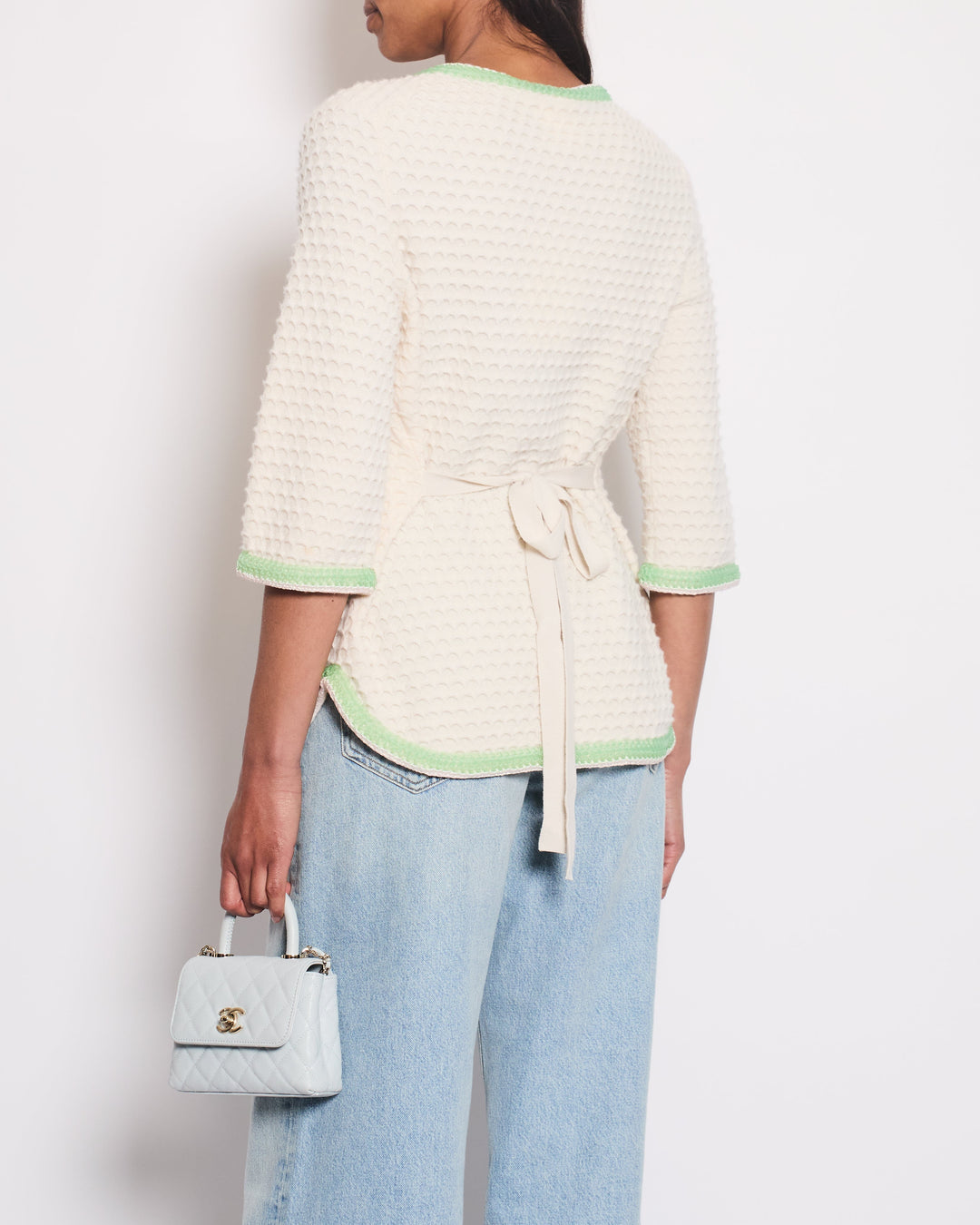 Top Quality Chanel Cream Cashmere Belted igan With Lilac & Green Woven Trim and Pearl Details Size FR 42 (UK 14)