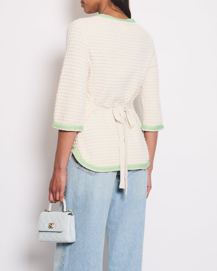 Top Quality Chanel Cream Cashmere Belted igan With Lilac & Green Woven Trim and Pearl Details Size FR 42 (UK 14)