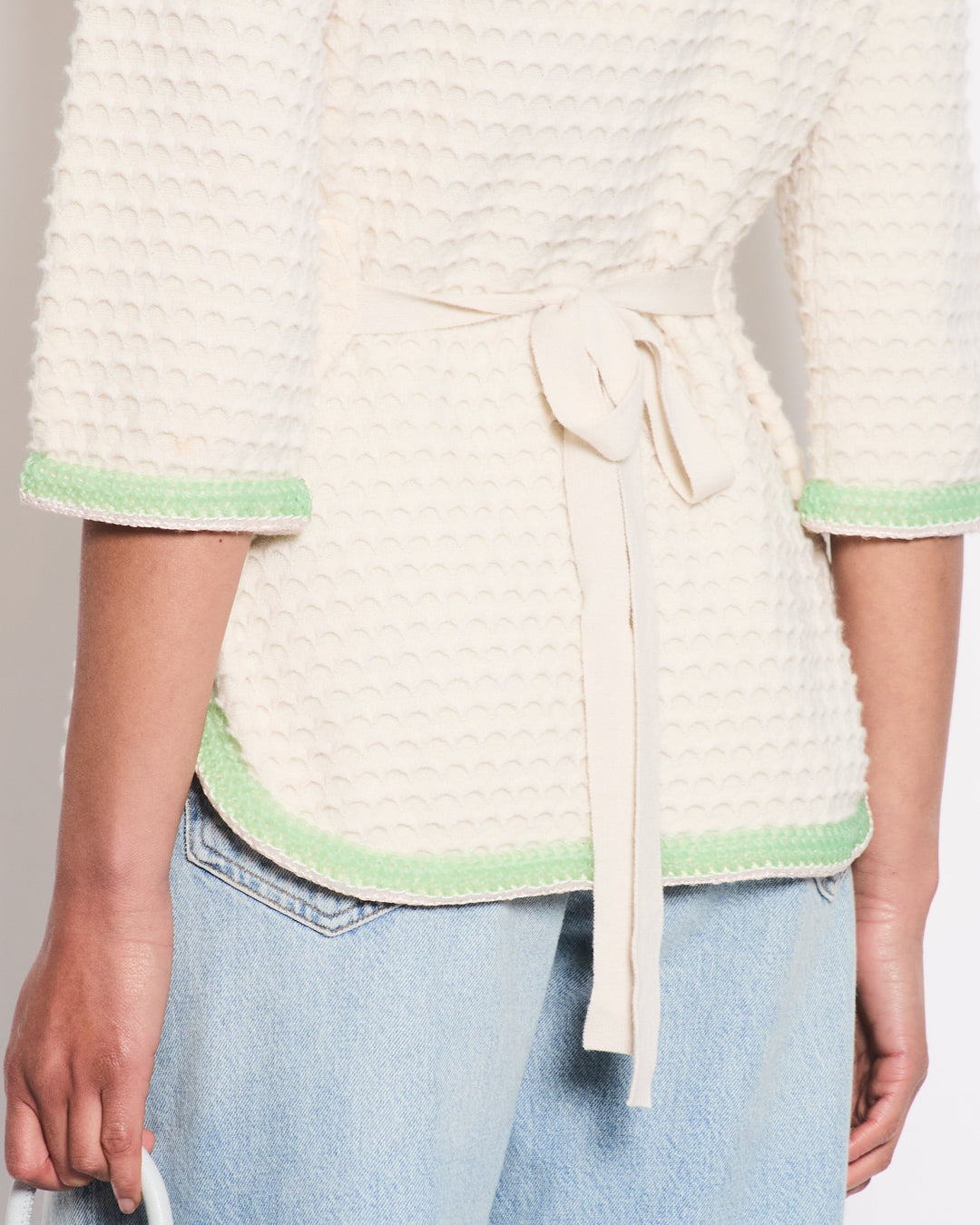Top Quality Chanel Cream Cashmere Belted igan With Lilac & Green Woven Trim and Pearl Details Size FR 42 (UK 14)