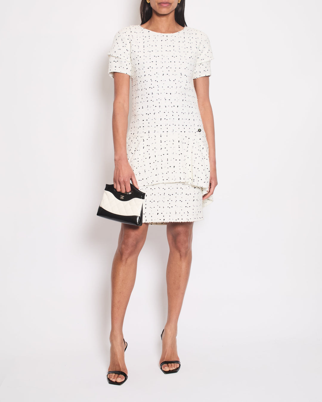 Top Quality Chanel White & Black Tweed Mini Dress With Frill Detail Skirt Size FR 38 (UK 10)