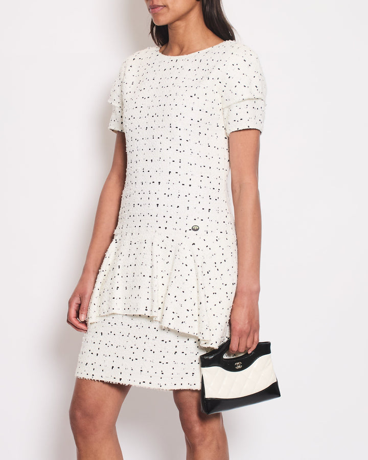 Top Quality Chanel White & Black Tweed Mini Dress With Frill Detail Skirt Size FR 38 (UK 10)