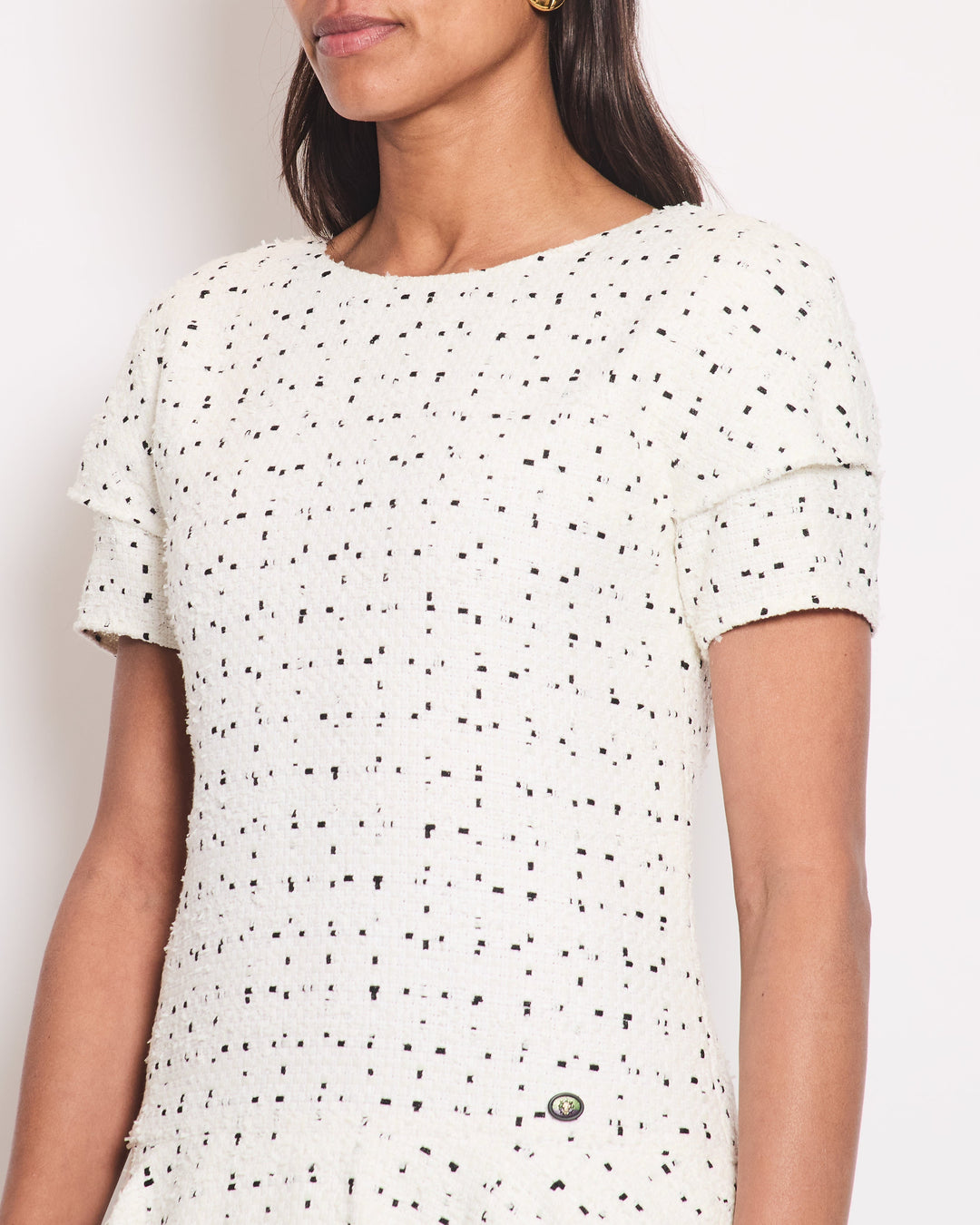 Top Quality Chanel White & Black Tweed Mini Dress With Frill Detail Skirt Size FR 38 (UK 10)