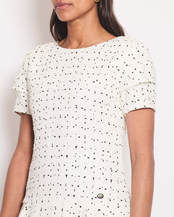 Top Quality Chanel White & Black Tweed Mini Dress With Frill Detail Skirt Size FR 38 (UK 10)
