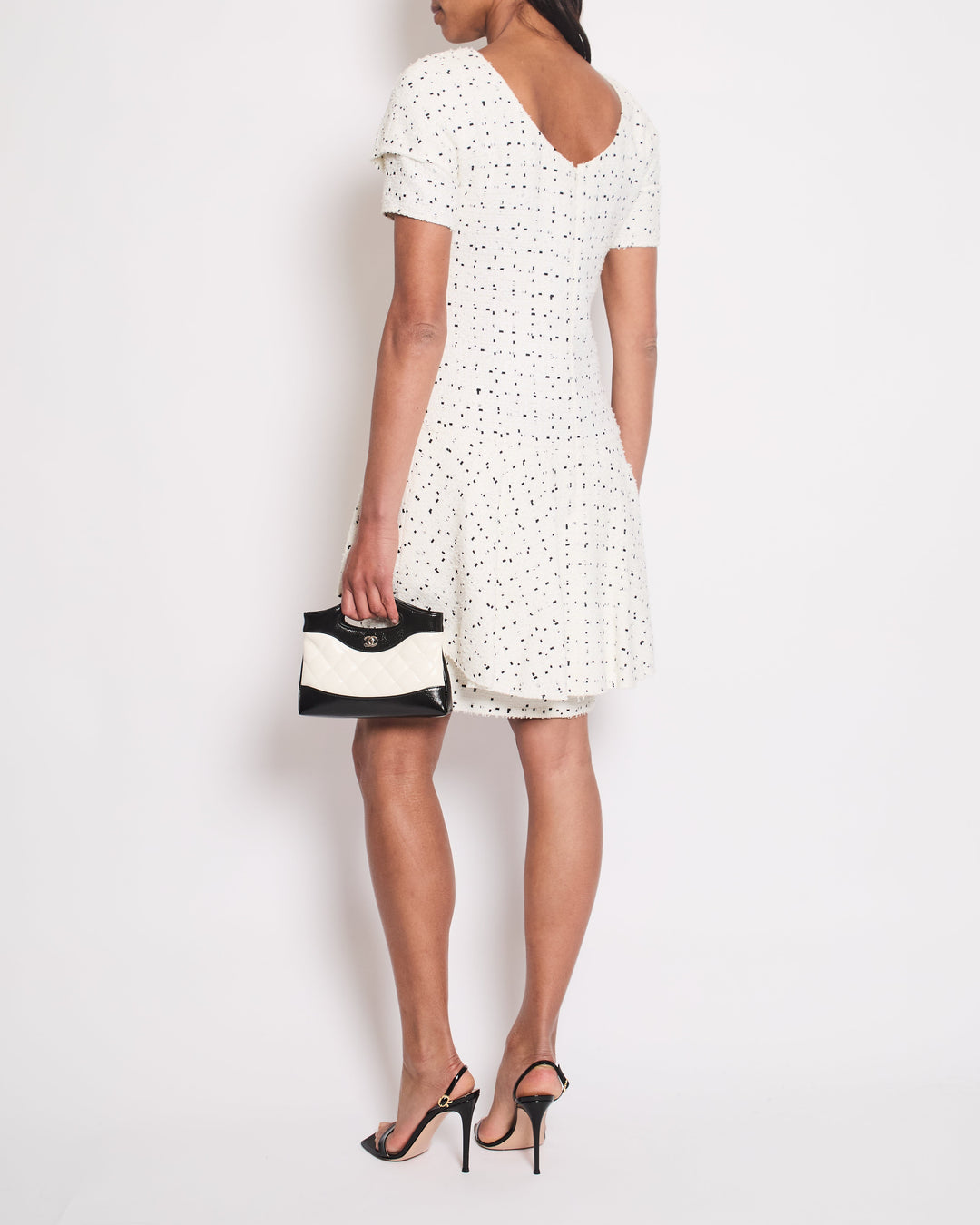 Top Quality Chanel White & Black Tweed Mini Dress With Frill Detail Skirt Size FR 38 (UK 10)