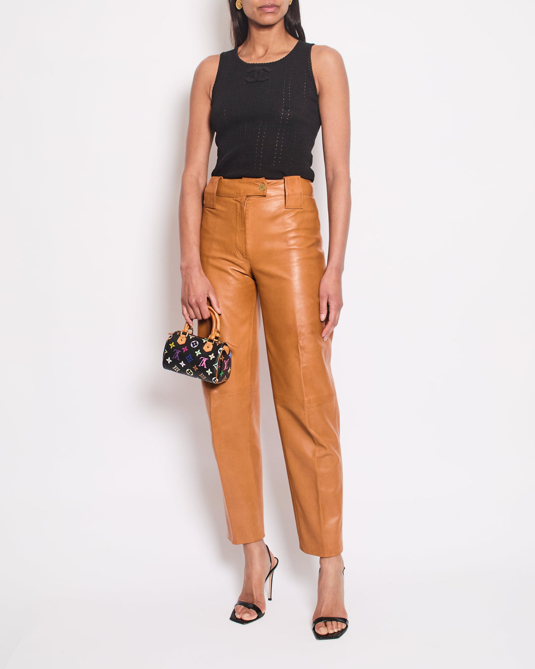 Top Quality Chanel 01/P Brown Leather Straight Leg Trousers Size FR 38 (UK 10)
