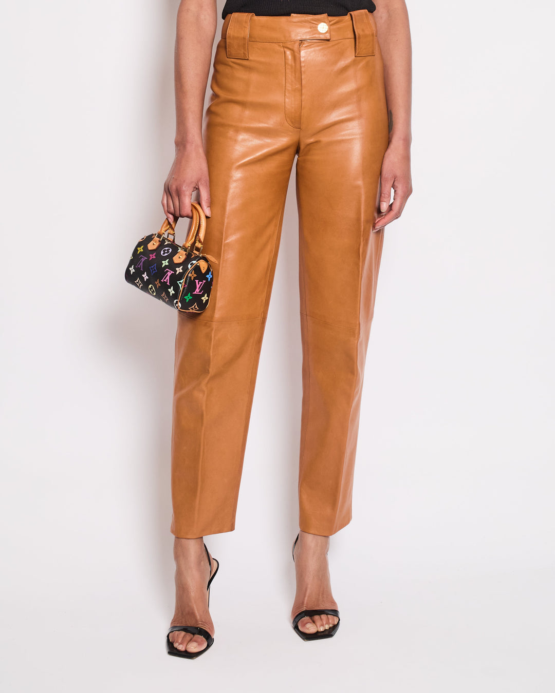 Top Quality Chanel 01/P Brown Leather Straight Leg Trousers Size FR 38 (UK 10)