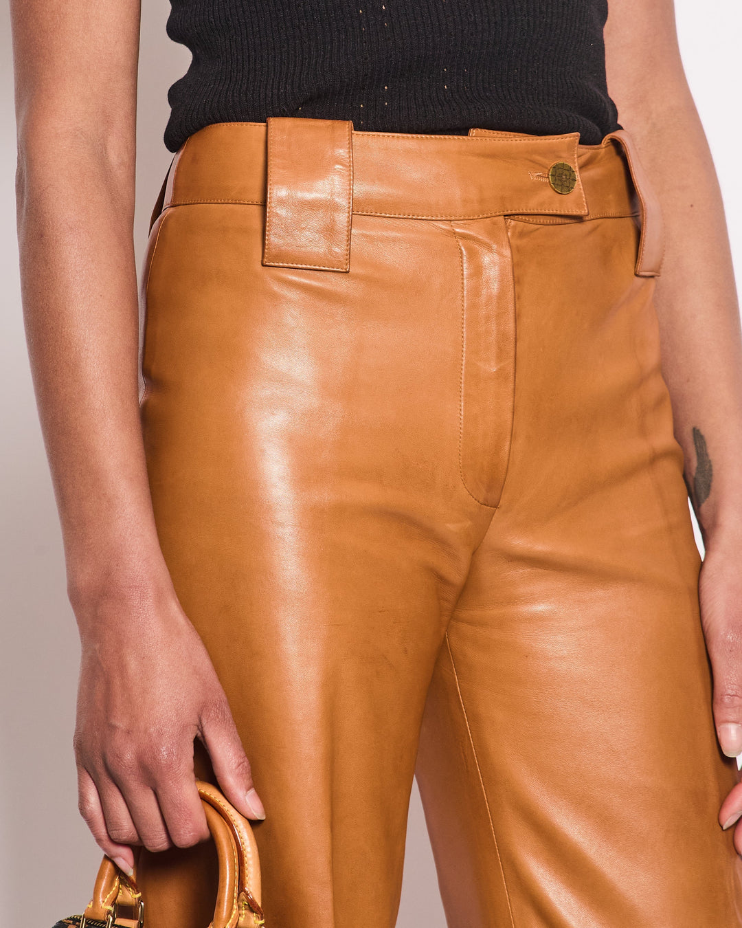 Top Quality Chanel 01/P Brown Leather Straight Leg Trousers Size FR 38 (UK 10)