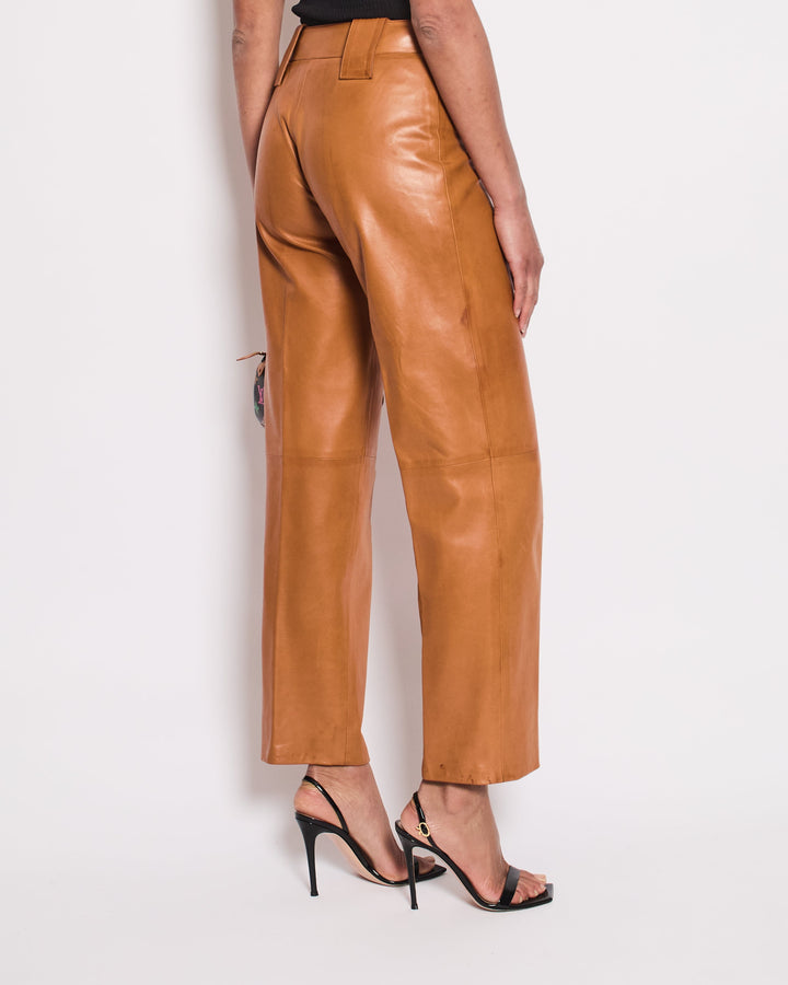 Top Quality Chanel 01/P Brown Leather Straight Leg Trousers Size FR 38 (UK 10)
