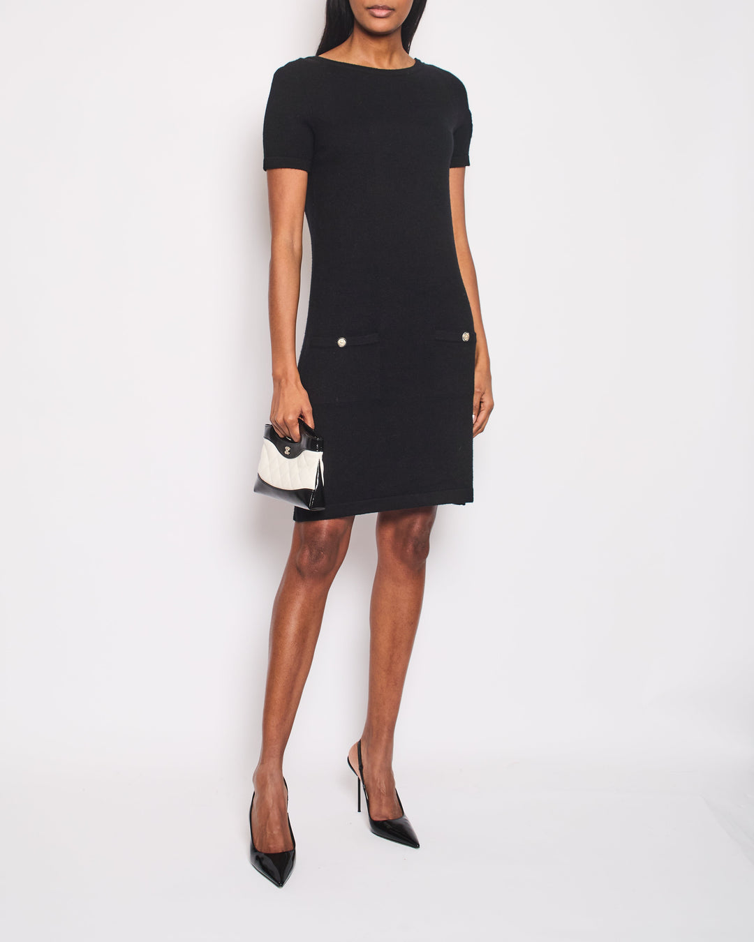 Top Quality Chanel Black Dress with Gold Logo Patch Detail Size FR 42 (UK 14)