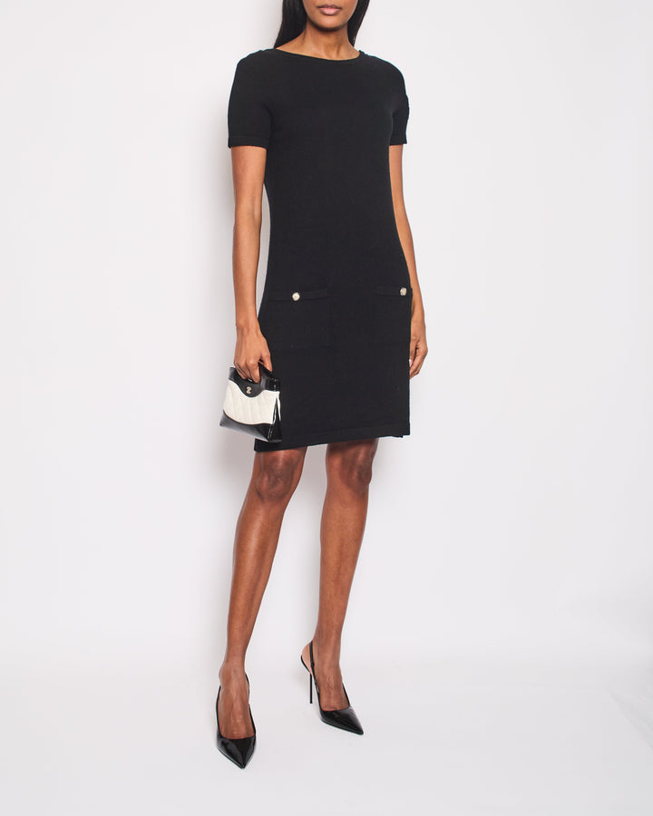 Top Quality Chanel Black Dress with Gold Logo Patch Detail Size FR 42 (UK 14)