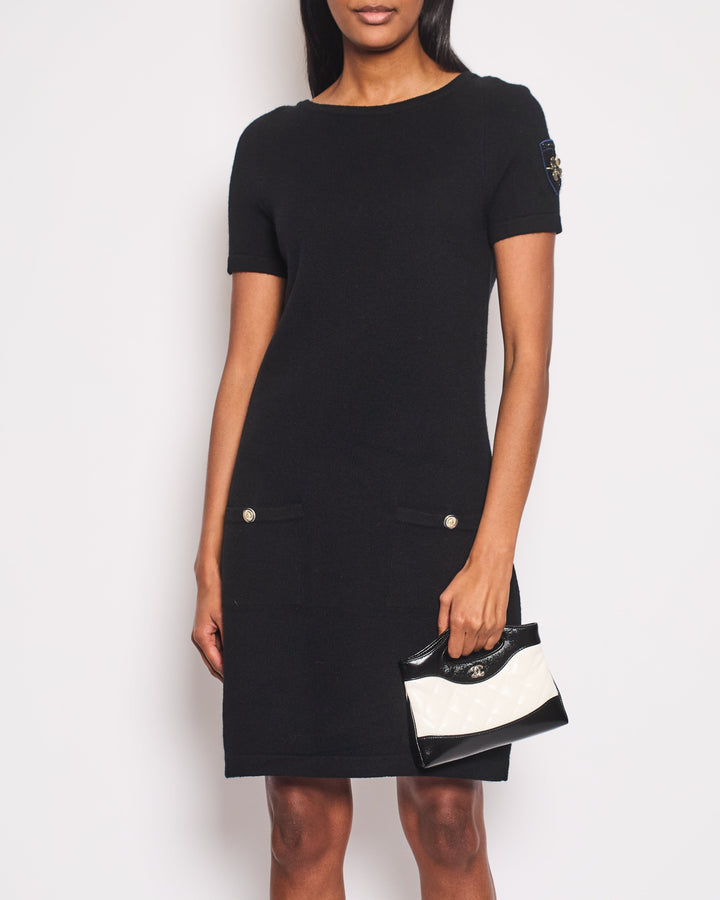 Top Quality Chanel Black Dress with Gold Logo Patch Detail Size FR 42 (UK 14)