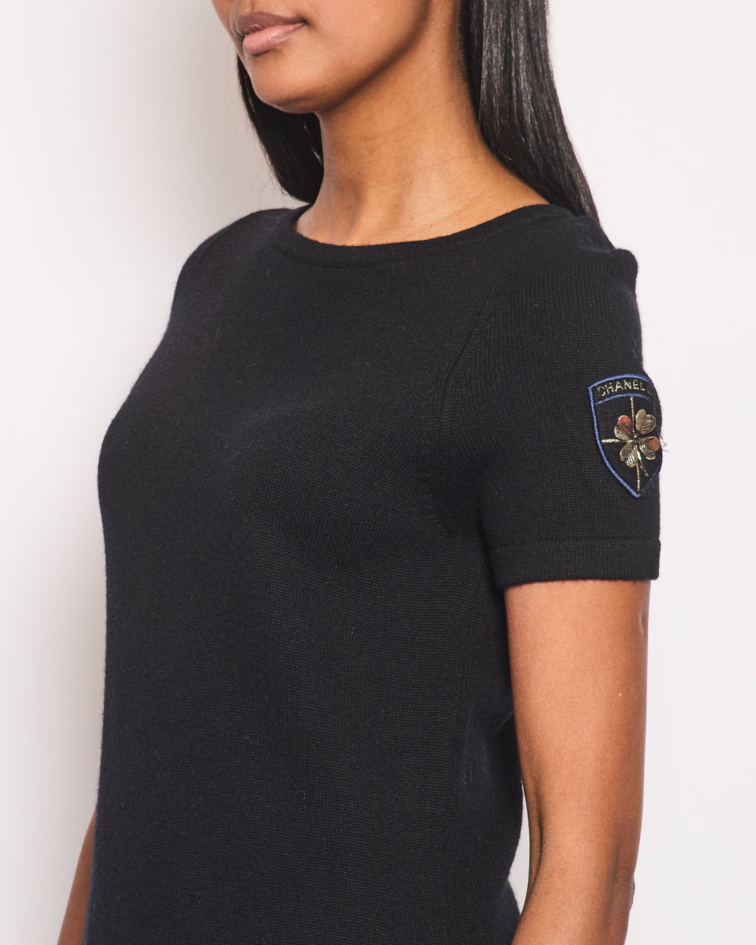 Top Quality Chanel Black Dress with Gold Logo Patch Detail Size FR 42 (UK 14)