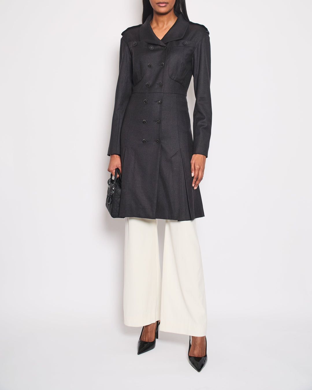 Top Quality Chanel Charcoal Wool Trench Coat with CC Logo Buttons Detailing Size FR 42 (UK 14)