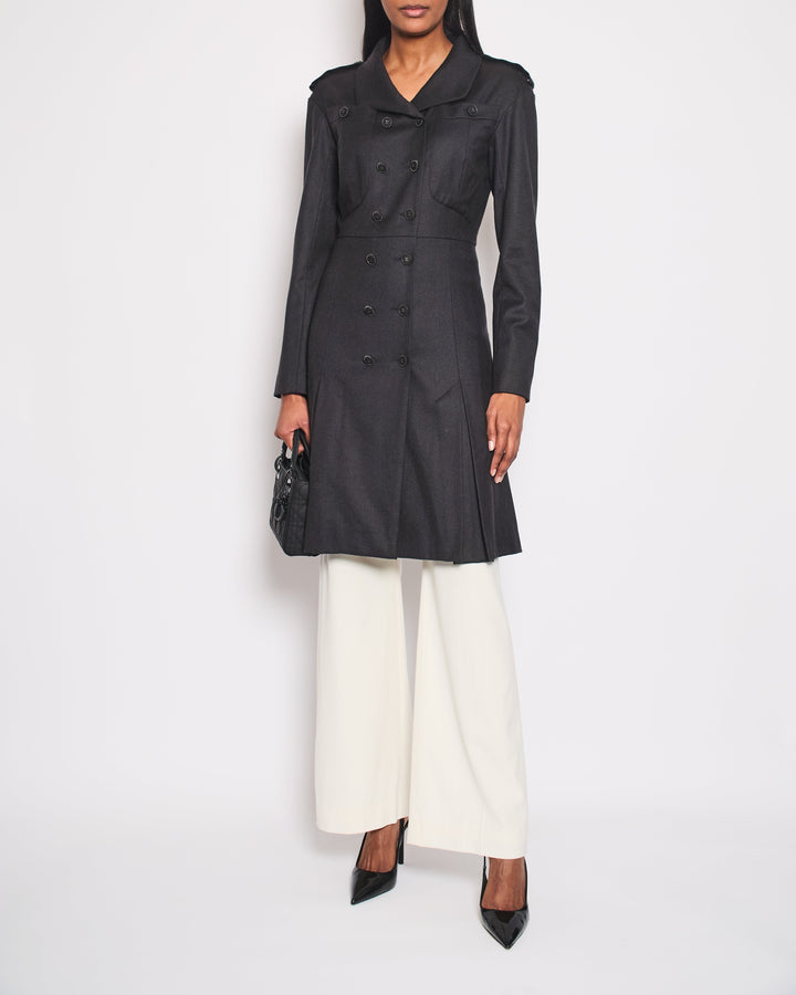 Top Quality Chanel Charcoal Wool Trench Coat with CC Logo Buttons Detailing Size FR 42 (UK 14)