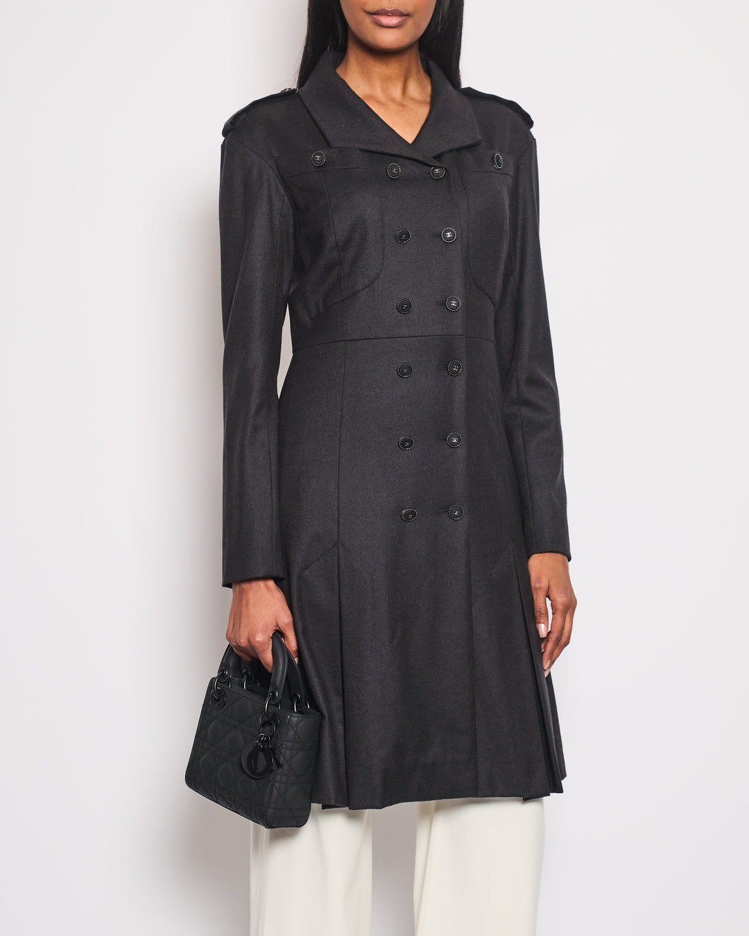 Top Quality Chanel Charcoal Wool Trench Coat with CC Logo Buttons Detailing Size FR 42 (UK 14)