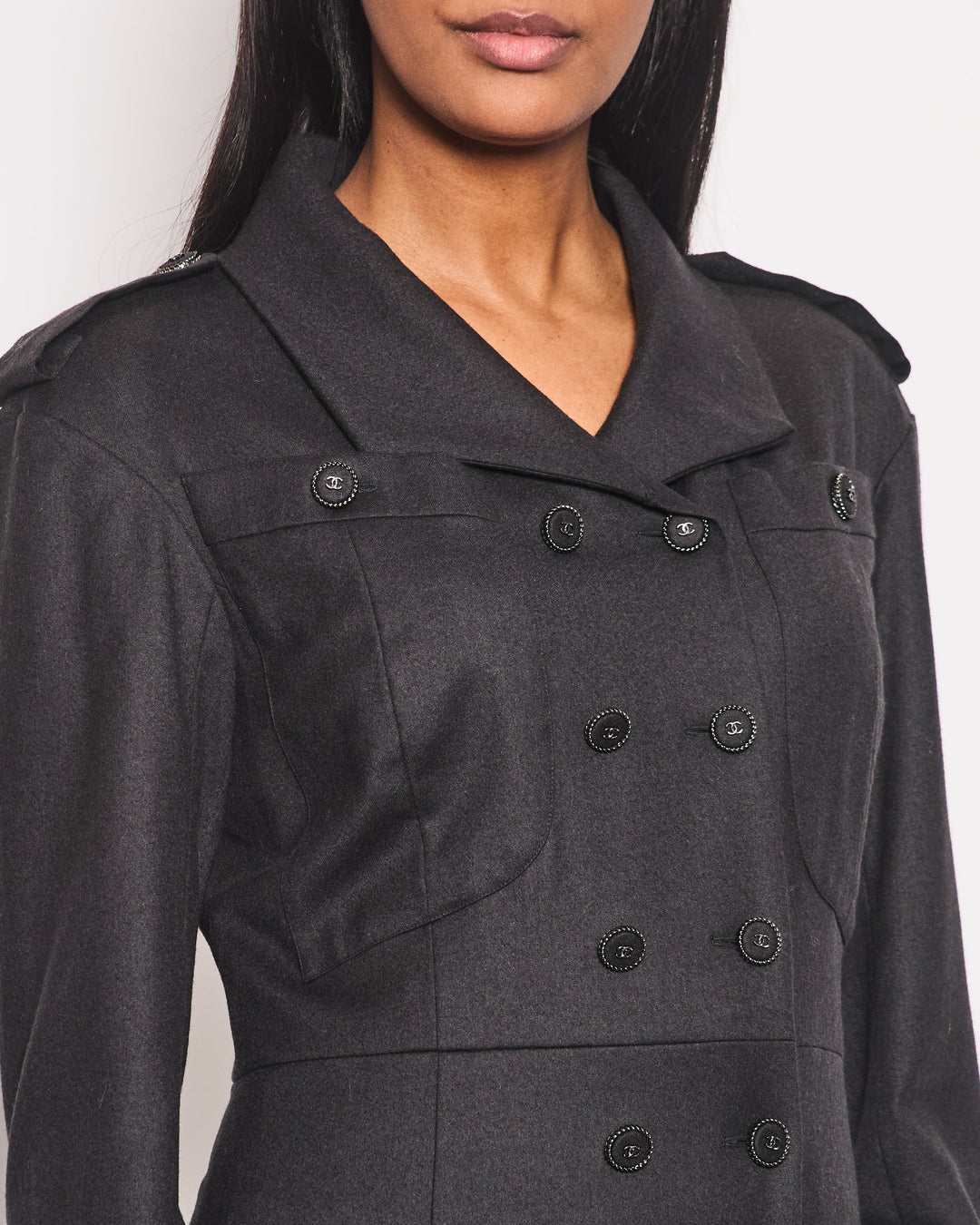 Top Quality Chanel Charcoal Wool Trench Coat with CC Logo Buttons Detailing Size FR 42 (UK 14)