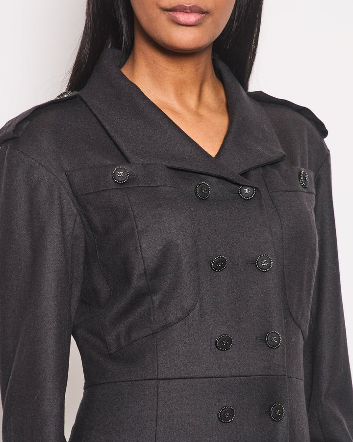 Top Quality Chanel Charcoal Wool Trench Coat with CC Logo Buttons Detailing Size FR 42 (UK 14)