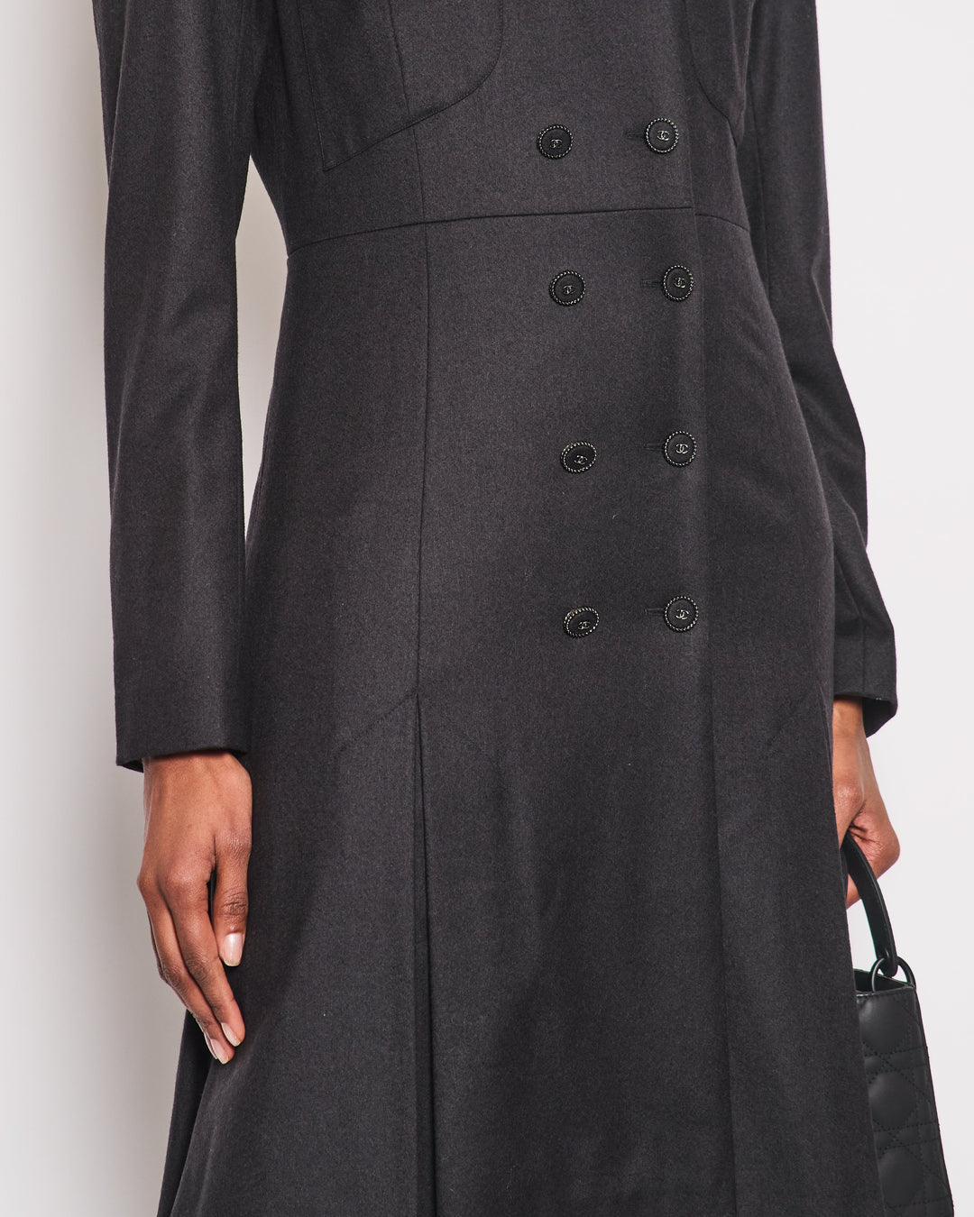 Top Quality Chanel Charcoal Wool Trench Coat with CC Logo Buttons Detailing Size FR 42 (UK 14)