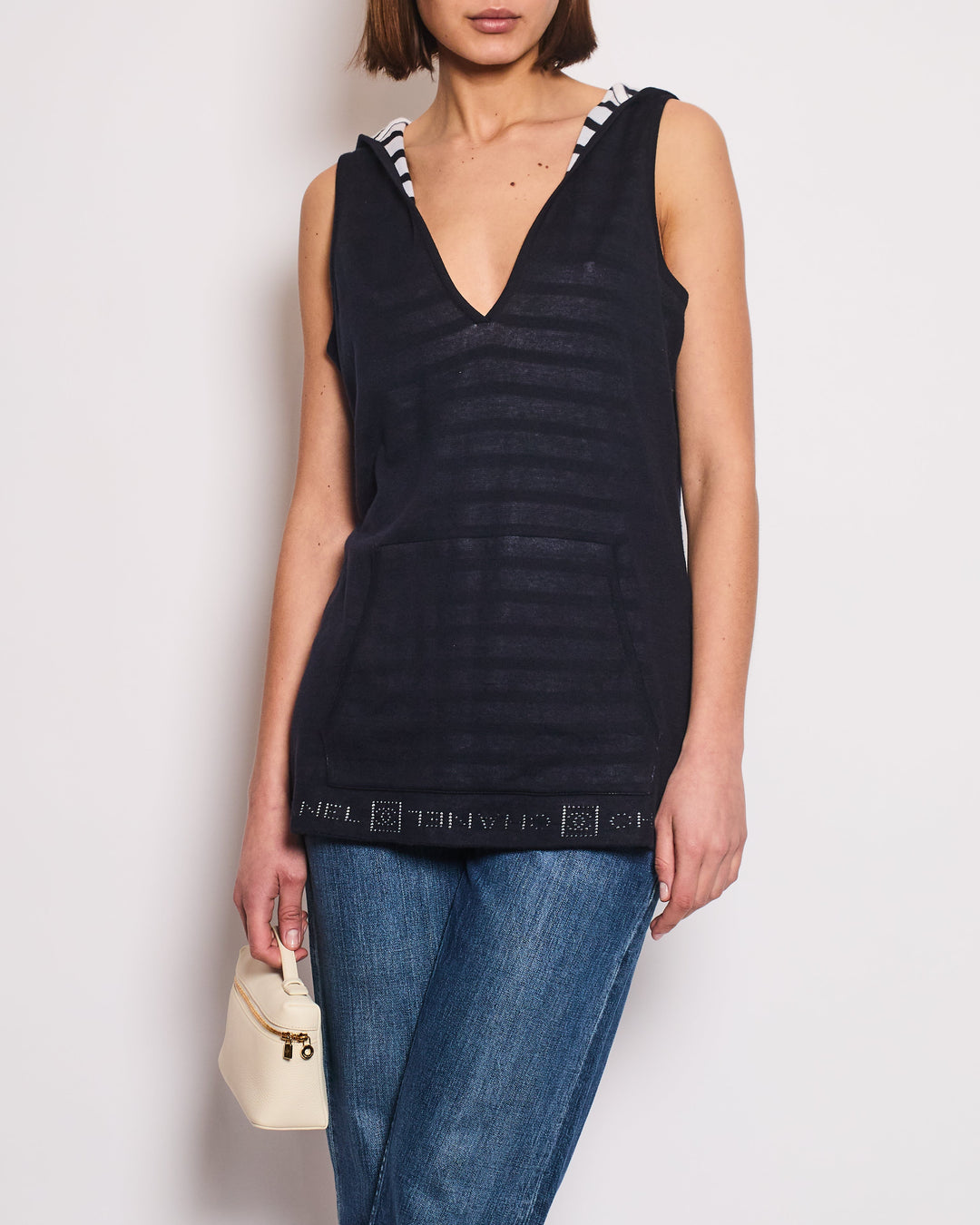 Top Quality Chanel 09P Navy and White Sleeveless Hoodie Top with Logo Details Size FR 42 (UK 14)