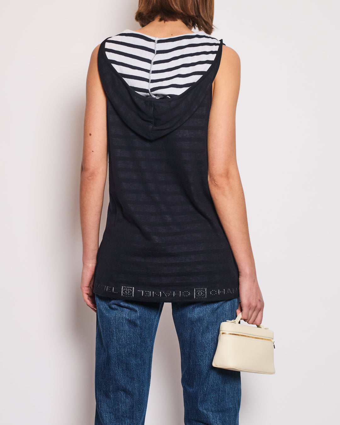 Top Quality Chanel 09P Navy and White Sleeveless Hoodie Top with Logo Details Size FR 42 (UK 14)