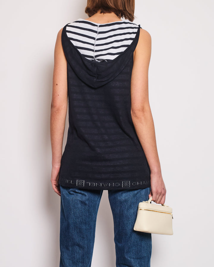 Top Quality Chanel 09P Navy and White Sleeveless Hoodie Top with Logo Details Size FR 42 (UK 14)