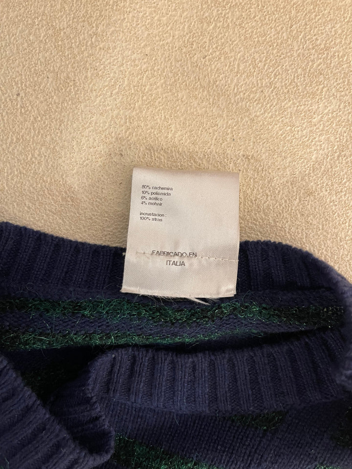 Top Quality Chanel Navy Cashmere Long-Sleeve Jumper with Green Sequin Embellishments Size FR 36 (UK 8)