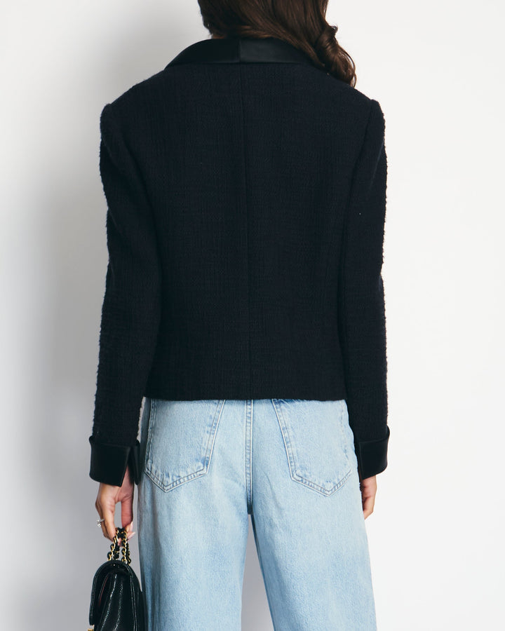 Top Quality Chanel Black Tweed Jacket with Satin Collar and Crystal Button Detail FR 42 (UK 14)