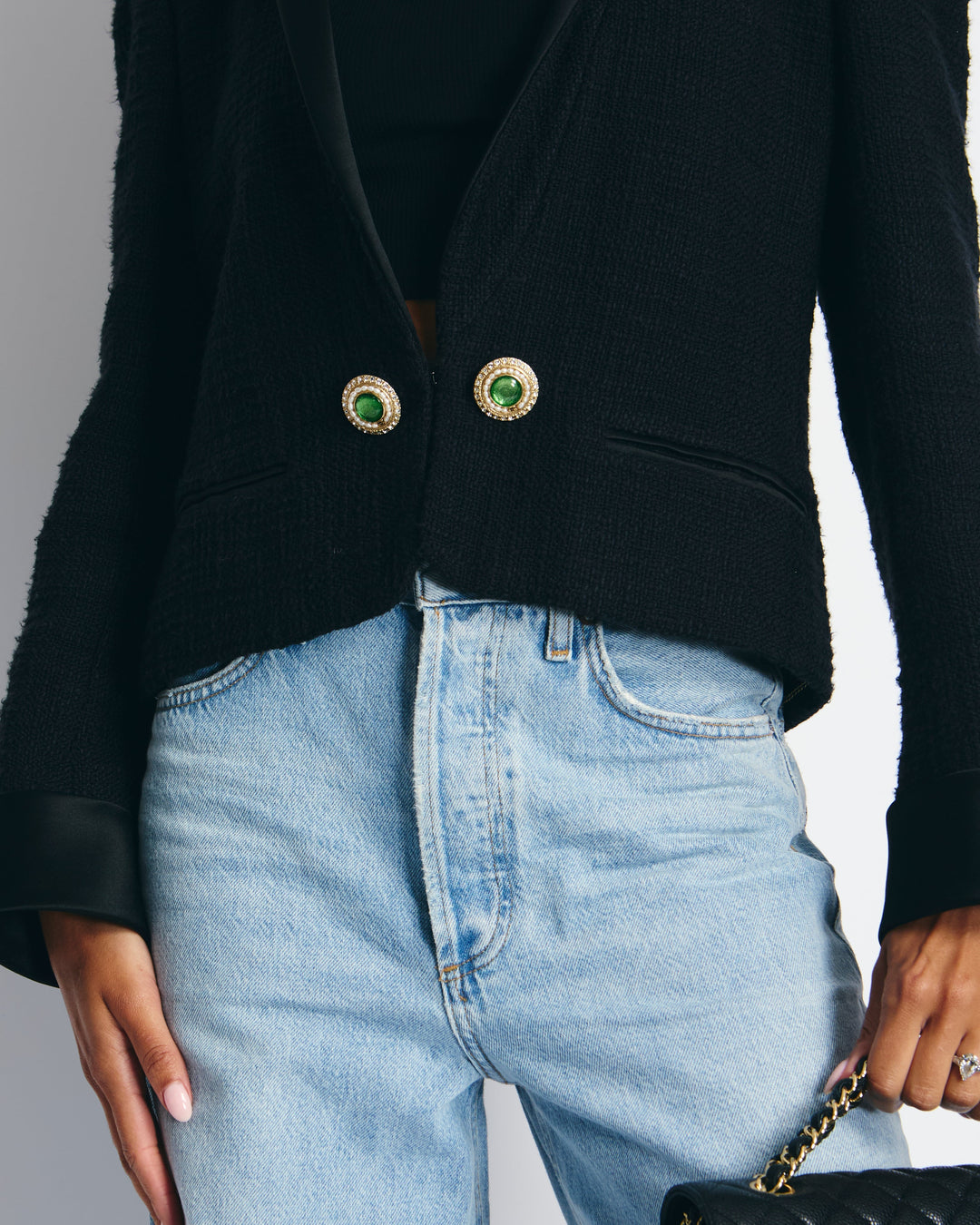Top Quality Chanel Black Tweed Jacket with Satin Collar and Crystal Button Detail FR 42 (UK 14)
