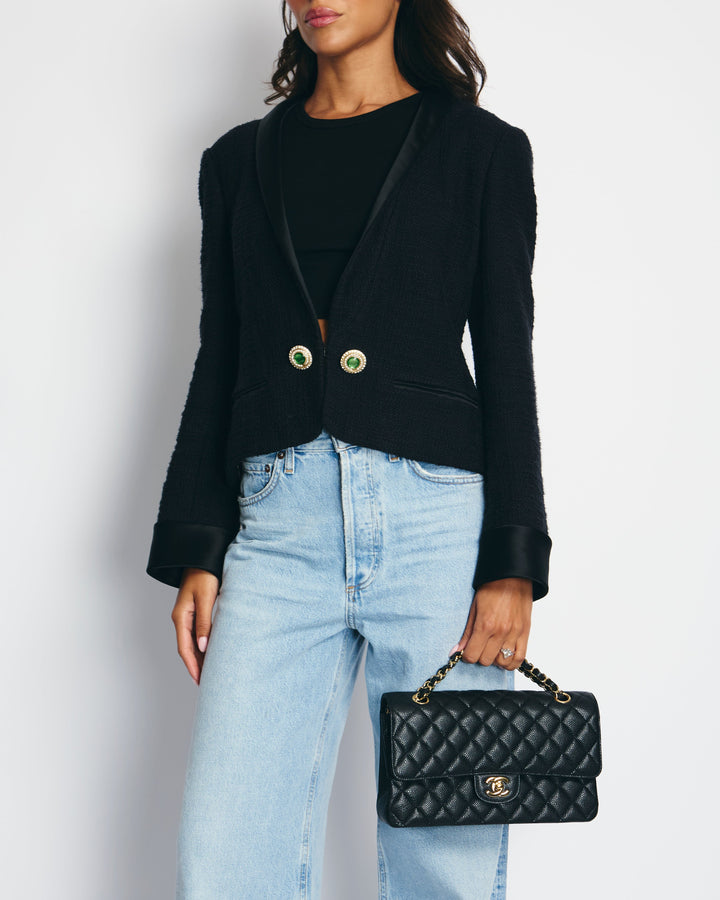 Top Quality Chanel Black Tweed Jacket with Satin Collar and Crystal Button Detail FR 42 (UK 14)