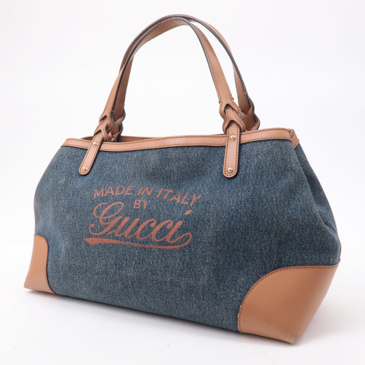 GUCCI Craft Denim Leather Tote Bag Hand Bag Navy Brown 348715