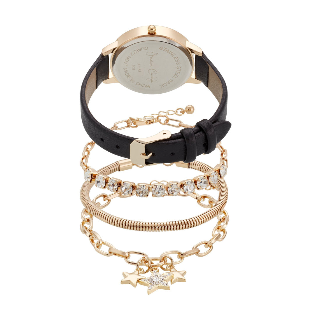 Jessica Carlyle Ladies Analog Watch With 3 Piece Bracelet Set, Black/Shiny Gold