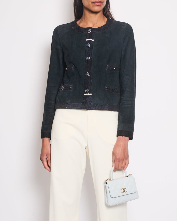 Top Quality Chanel Navy Suede CC Button Up Jacket With Blue Tweed Trim & Pocket Detail Size FR 38 (UK 10)