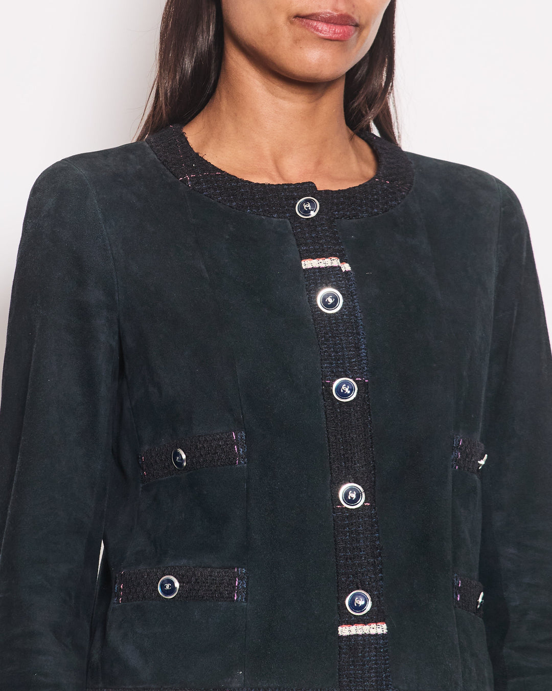 Top Quality Chanel Navy Suede CC Button Up Jacket With Blue Tweed Trim & Pocket Detail Size FR 38 (UK 10)