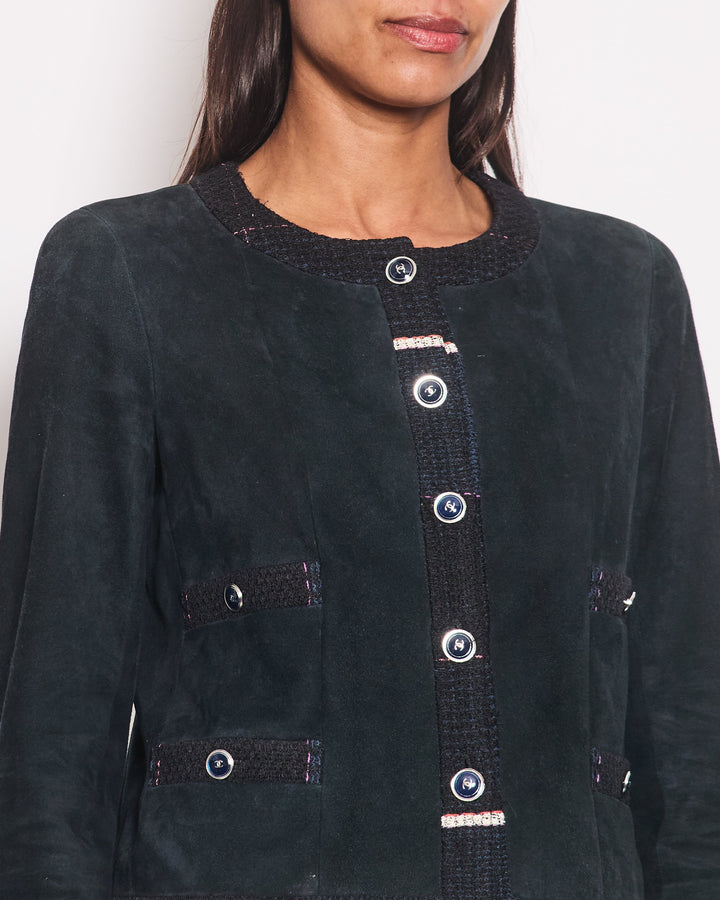 Top Quality Chanel Navy Suede CC Button Up Jacket With Blue Tweed Trim & Pocket Detail Size FR 38 (UK 10)