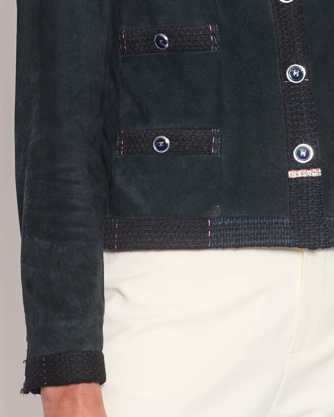 Top Quality Chanel Navy Suede CC Button Up Jacket With Blue Tweed Trim & Pocket Detail Size FR 38 (UK 10)