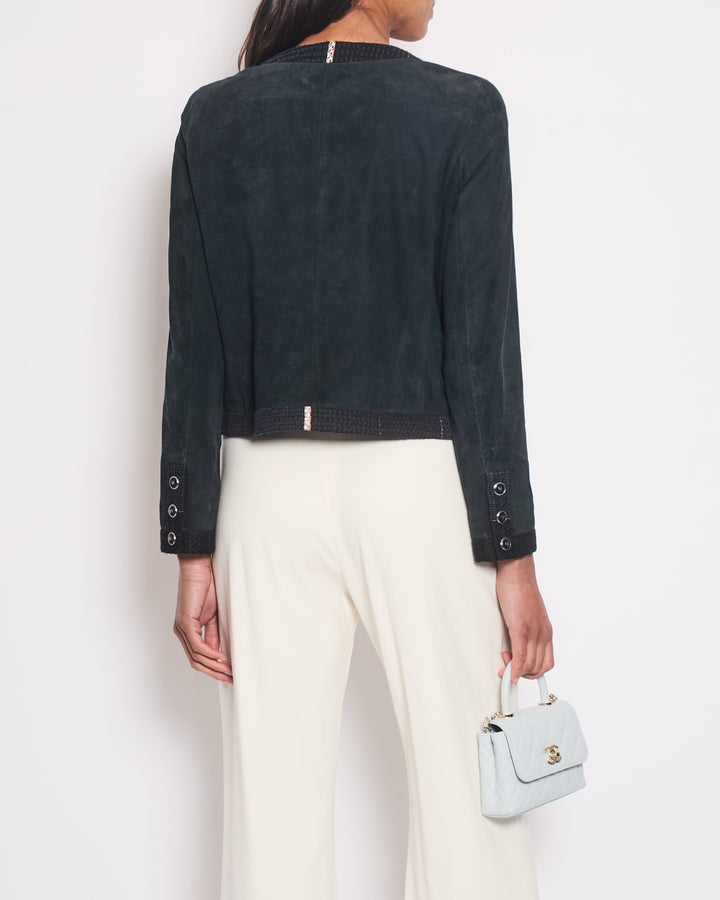Top Quality Chanel Navy Suede CC Button Up Jacket With Blue Tweed Trim & Pocket Detail Size FR 38 (UK 10)