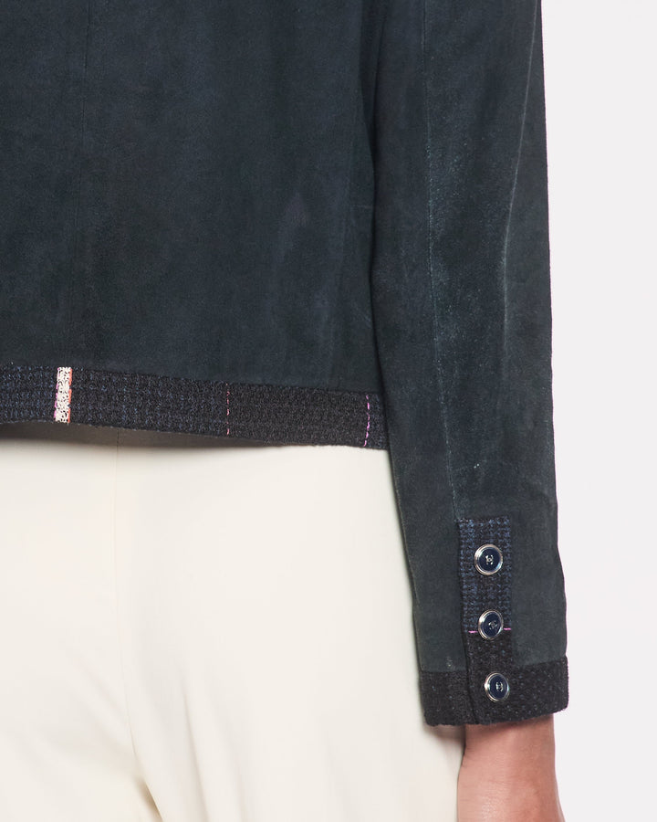 Top Quality Chanel Navy Suede CC Button Up Jacket With Blue Tweed Trim & Pocket Detail Size FR 38 (UK 10)