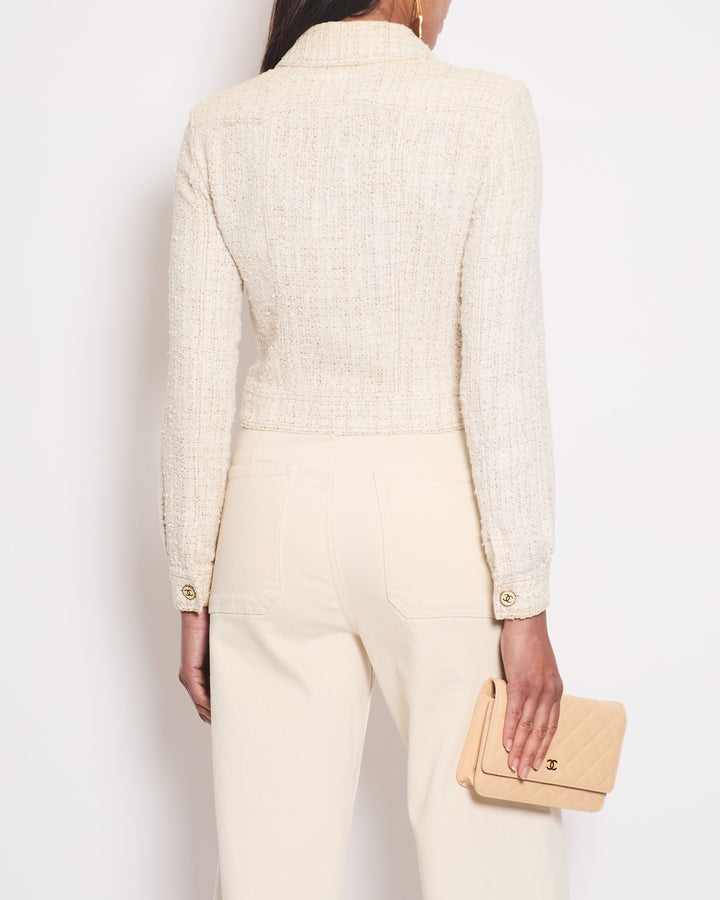 *HOT* Top Quality Chanel 01P Cream Tweed Long Sleeve Cropped Jacket with CC Beige Buttons Detail Size FR 38 (UK 10)
