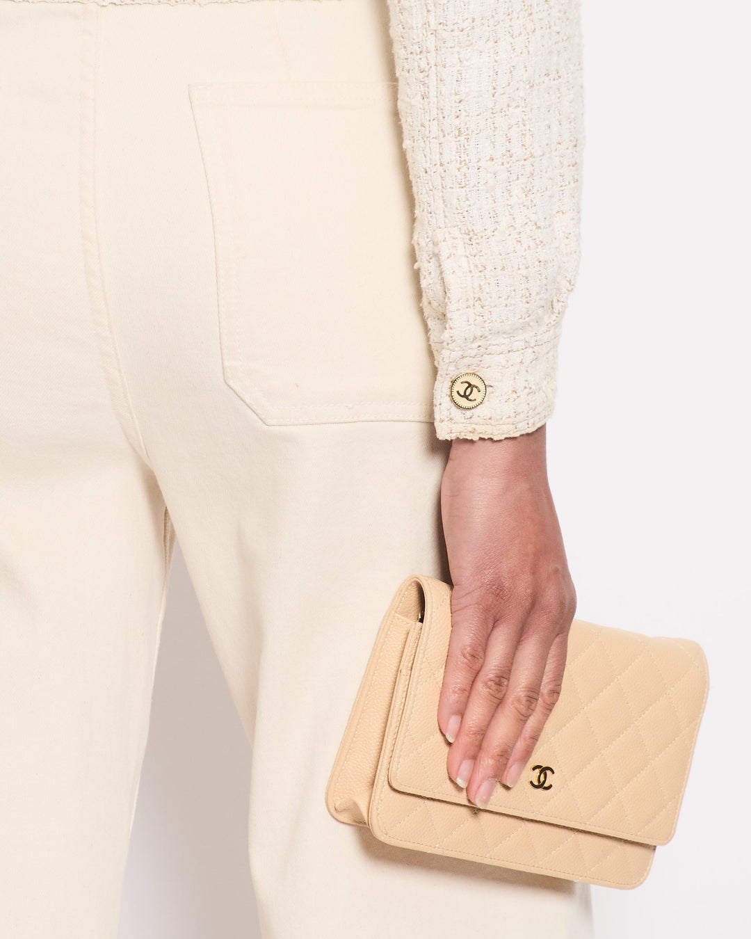 *HOT* Top Quality Chanel 01P Cream Tweed Long Sleeve Cropped Jacket with CC Beige Buttons Detail Size FR 38 (UK 10)