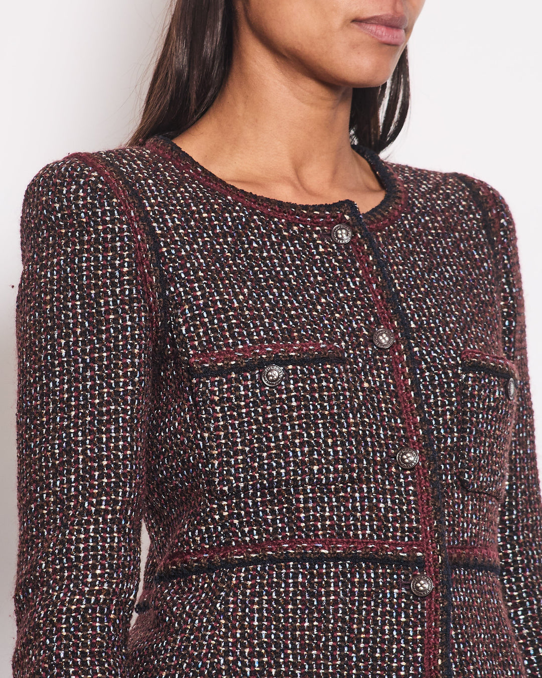 Top Quality Chanel 02A Navy & Burgundy Multicolour Tweed Long Sleeve Jacket with Brown Buttons Detail Size FR 38 (UK 10)