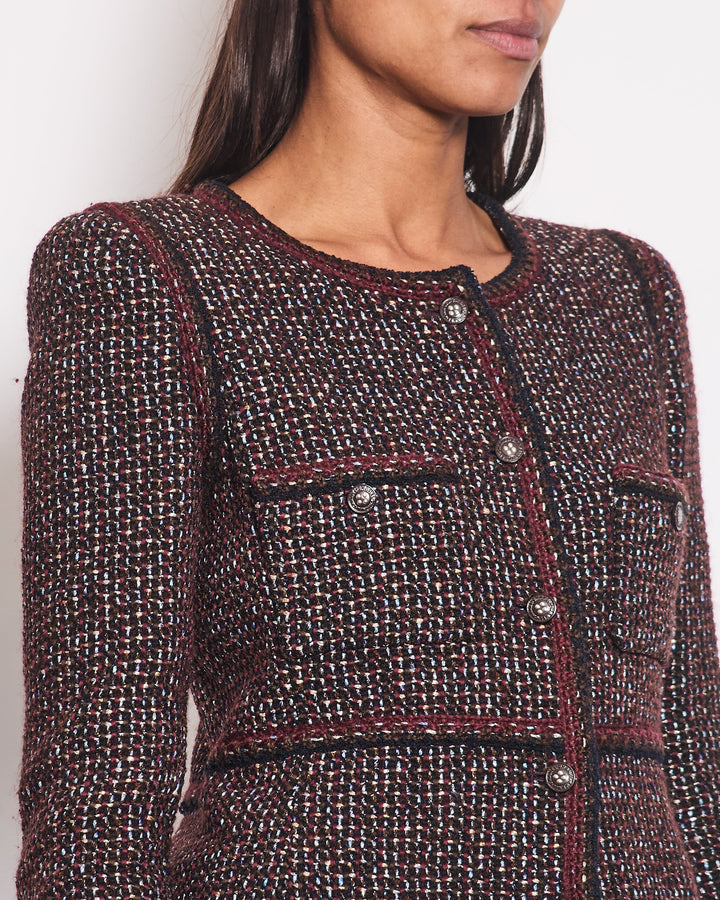 Top Quality Chanel 02A Navy & Burgundy Multicolour Tweed Long Sleeve Jacket with Brown Buttons Detail Size FR 38 (UK 10)