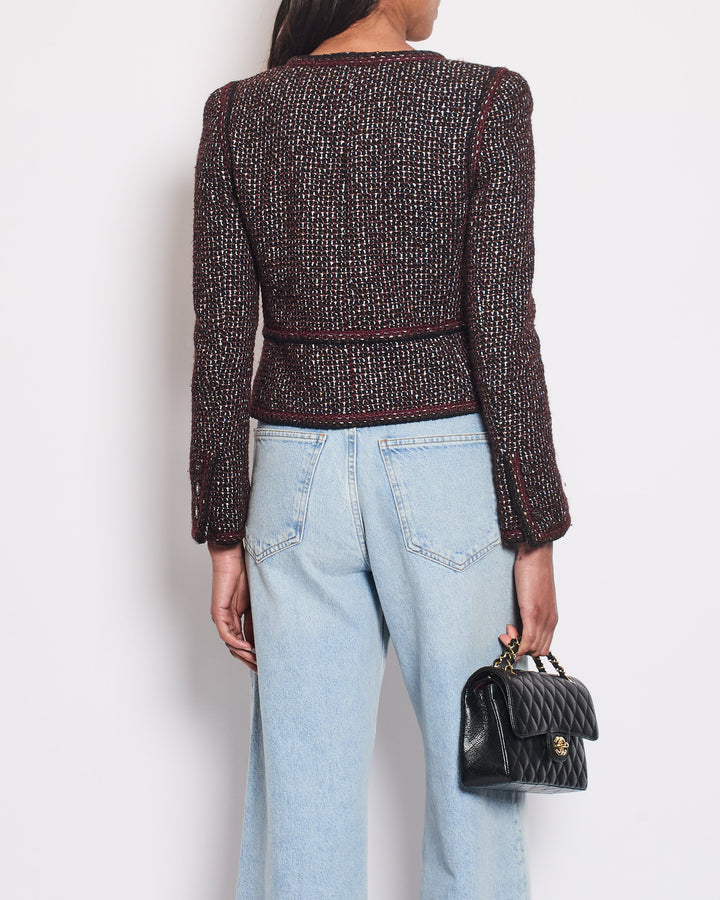 Top Quality Chanel 02A Navy & Burgundy Multicolour Tweed Long Sleeve Jacket with Brown Buttons Detail Size FR 38 (UK 10)
