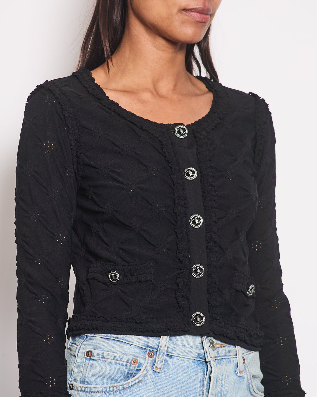 *HOT* Top Quality Chanel Black Stretch-Jersey igan with Ruthenium CC Buttons Detail Size FR 36 (UK 8)