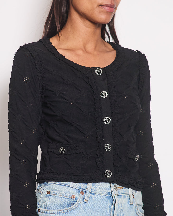 *HOT* Chanel Black Stretch-Jersey igan with Ruthenium CC Buttons Detail Size FR 36 (UK 8)