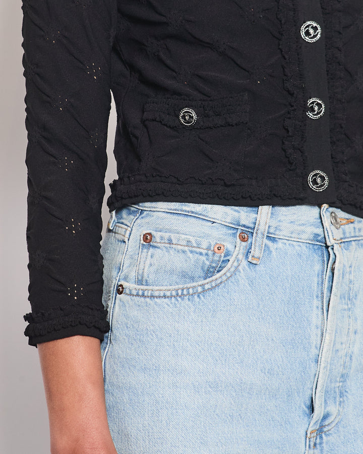 *HOT* Top Quality Chanel Black Stretch-Jersey igan with Ruthenium CC Buttons Detail Size FR 36 (UK 8)