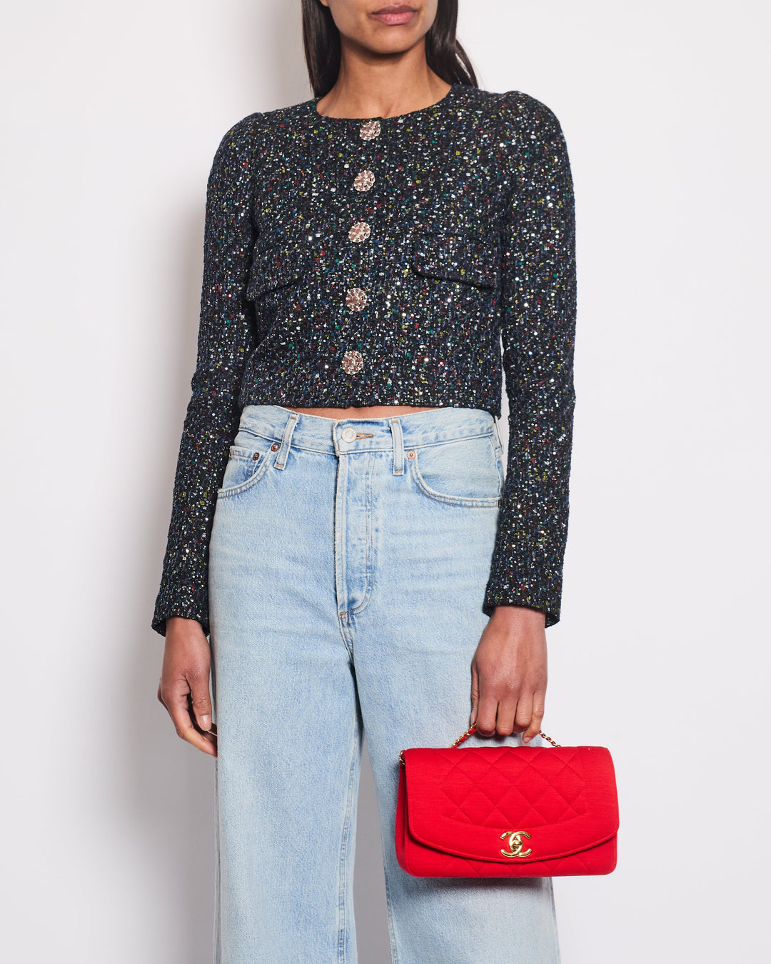 Top Quality Chanel Navy Blue & Multicolour Sequin Tweed Cropped Jacket With Dusty Pink Camelia Embellished Buttons Detail Size FR 34 (UK 6)