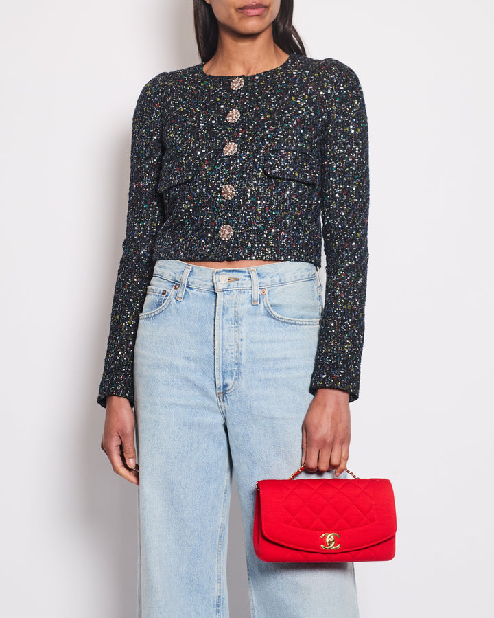 Top Quality Chanel Navy Blue & Multicolour Sequin Tweed Cropped Jacket With Dusty Pink Camelia Embellished Buttons Detail Size FR 34 (UK 6)