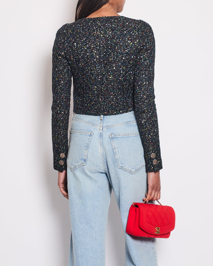 Top Quality Chanel Navy Blue & Multicolour Sequin Tweed Cropped Jacket With Dusty Pink Camelia Embellished Buttons Detail Size FR 34 (UK 6)