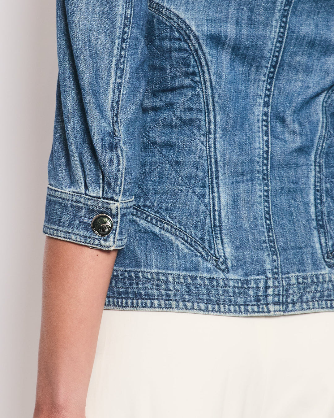 Top Quality Chanel 08P Blue Denim Long Sleeve Jacket with Quilted Pocket Detail Size FR 36 (UK 8)