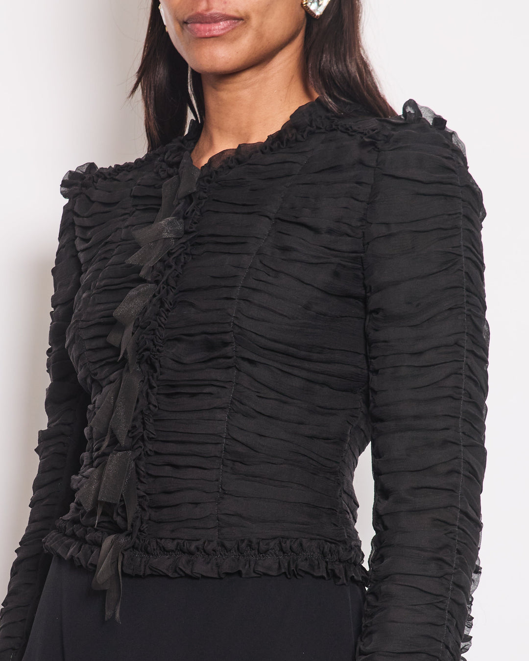 Top Quality Chanel 06A Black Ruched Long Sleeve Silk Blouse with Bows Detail FR 38 (UK 10)